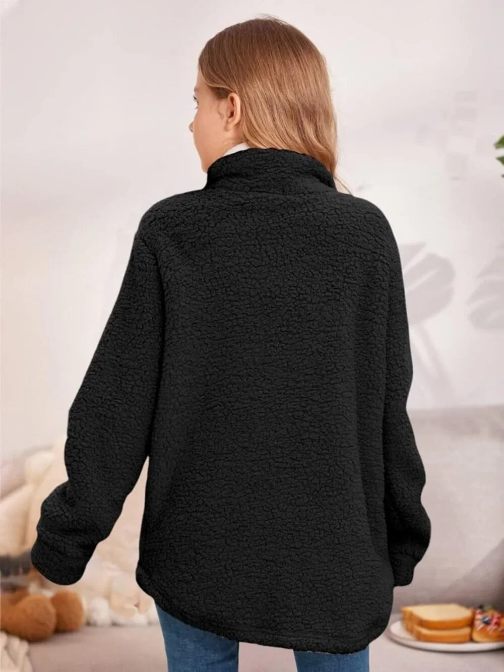 Kids Girl's Black Polyester Casual Button Down Sherpa Faux Fur Fleece Jacket